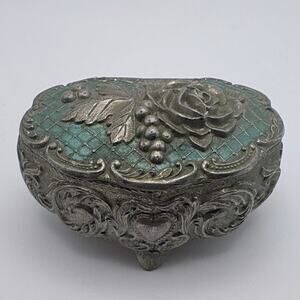 Beautiful Japanese Silver-tone and Blue-Green Accents Decorative Trinket Box